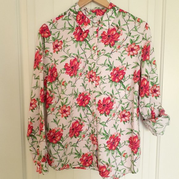 Charter Club Linen Long Sleeve Floral Print Roll Tab Button Up Shirt Pink Size M - Picture 8 of 12